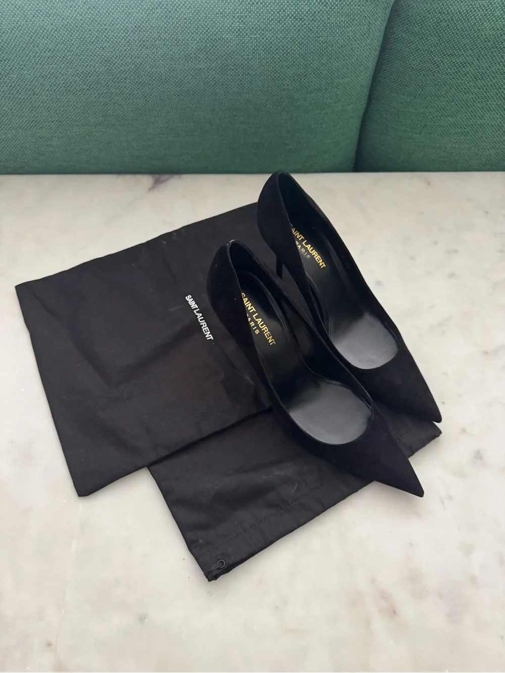 Saint Laurent Black Suede Pointed Pumps with Gold Logo - Picture 5 of 5
